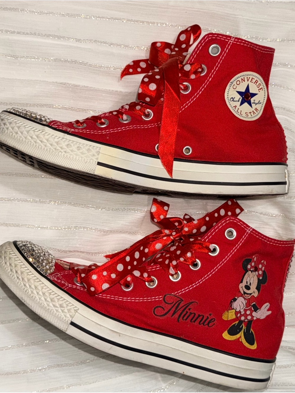 Custom Red Bling, Minnie Mouse RED high top Converse Women 11/Mens 9